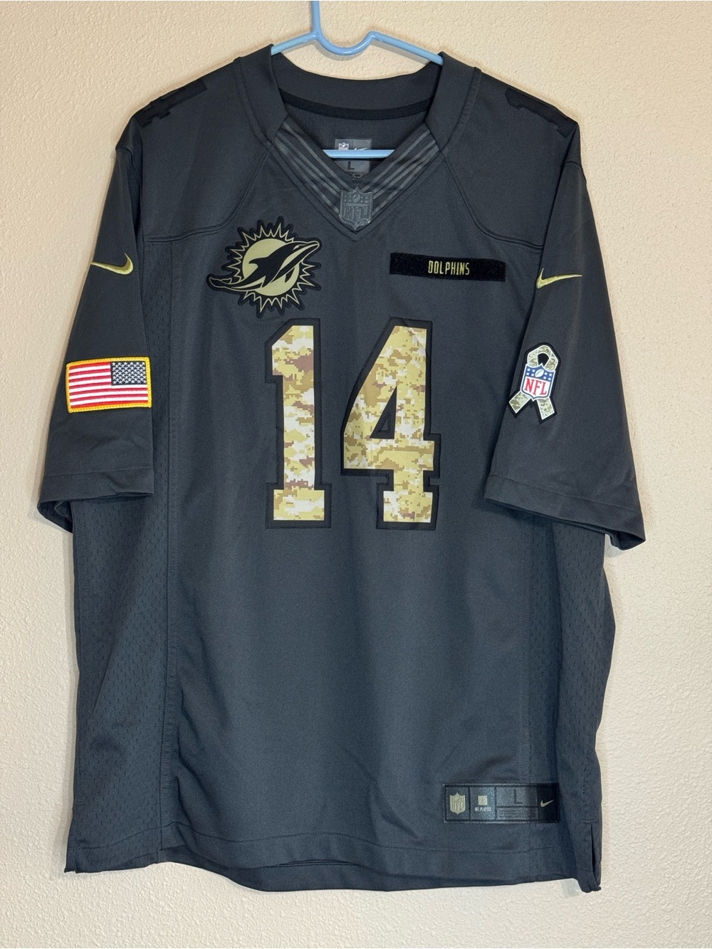 Nike Men’s Black Miami Dolphins #14 Camo-Accent Football Jersey